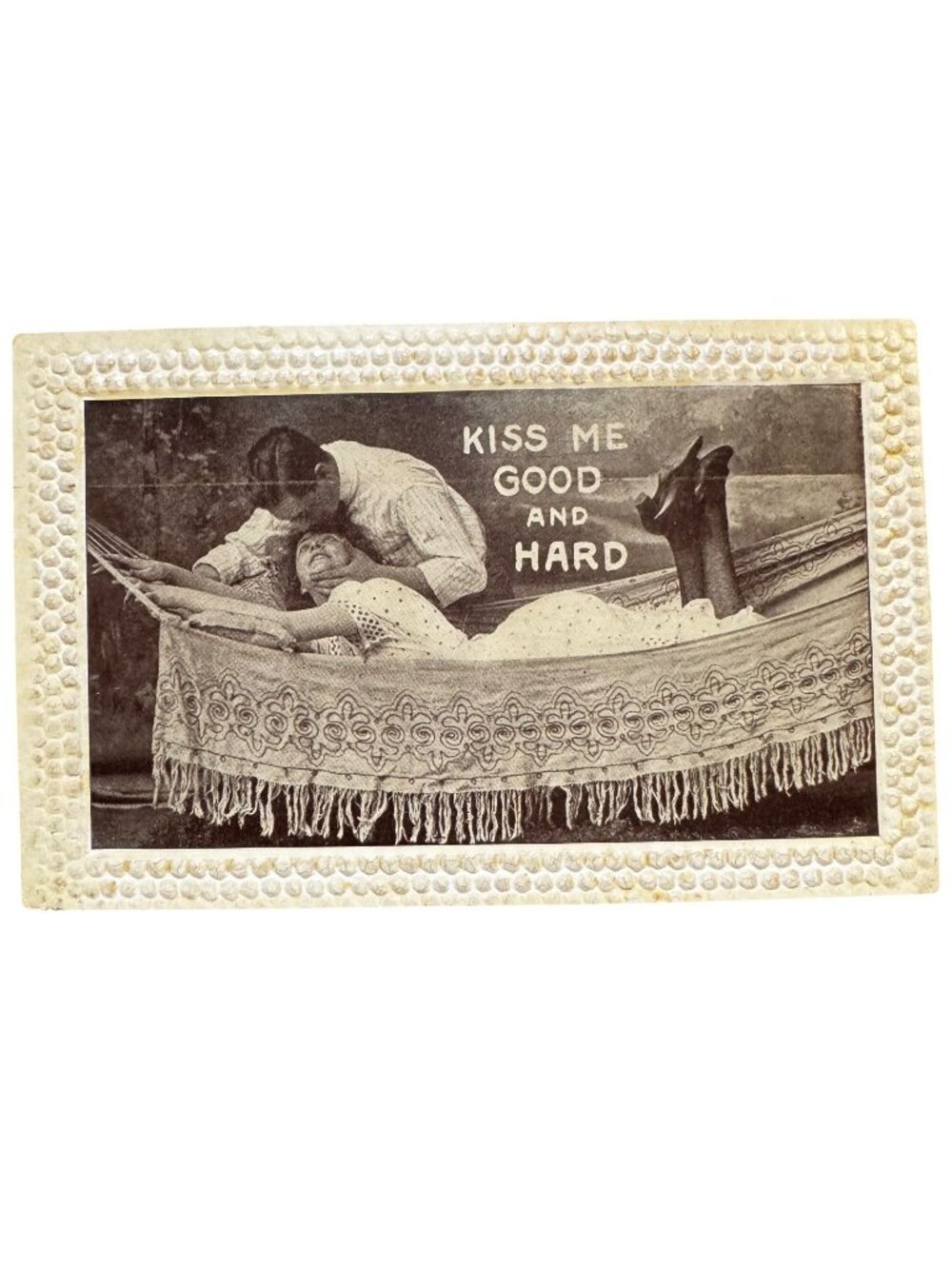 Vintage Postcard "Kiss Me Good And Hard" Embossed Romantic Hammock Scene 1900s